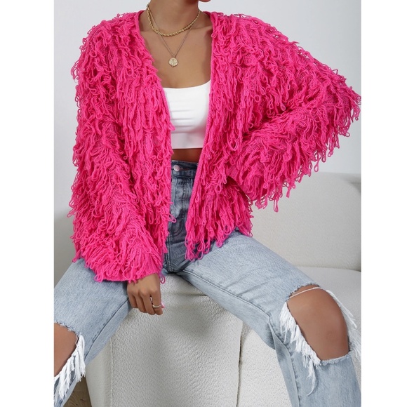Hot Pink Fuzzy Open Knit Cardigan - Picture 5 of 9